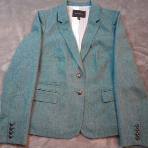 Banana Republic Blazer Jacket Womens Sz 14 Emerald Green Herringbone Wool Blend